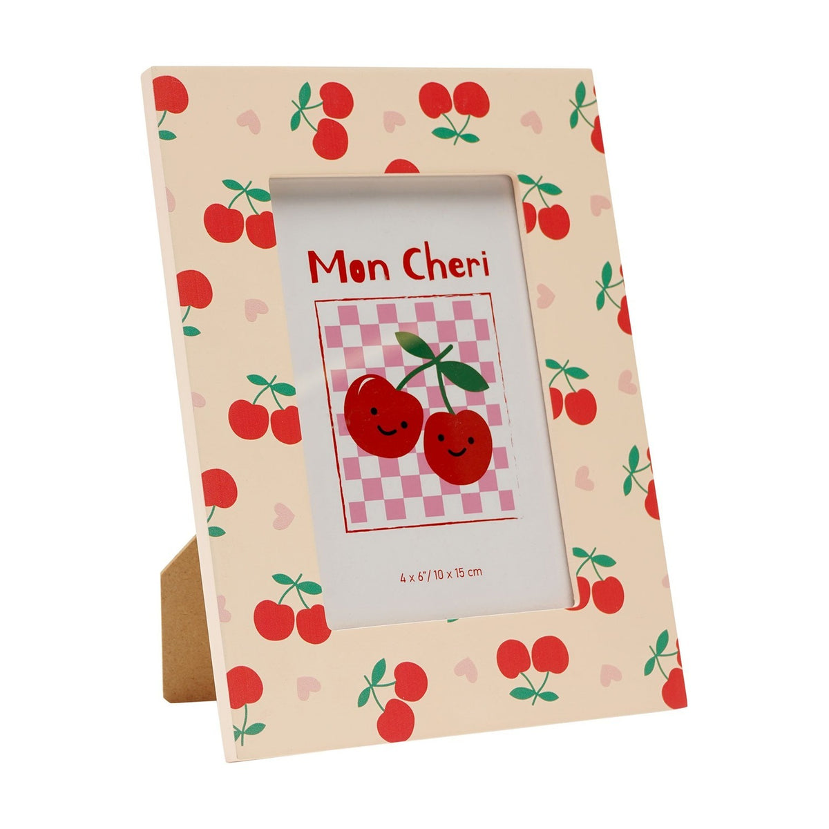Wooden rectangular photo frame with stand in peach, printed with red cherries, green stalks, and pink hearts, holding a "Mon Cheri" sample photo on a plain white background.