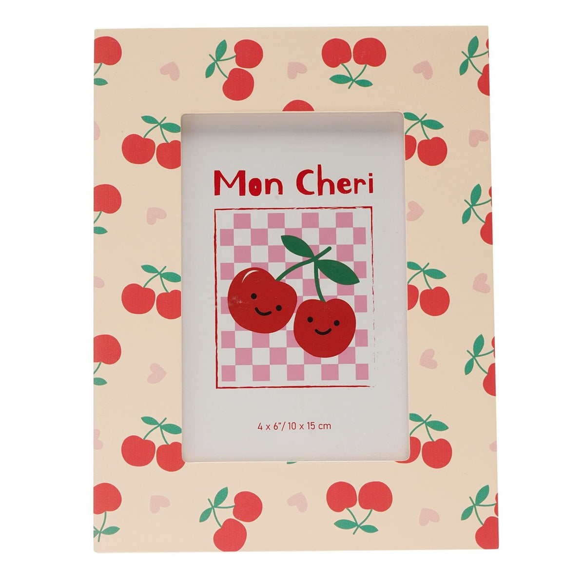 Rectangular wooden photo frame in peach with an all-over print of red cherries, green stalks and pink hearts, holding a "Mon Cheri" cherry graphic insert, shown on a white background.