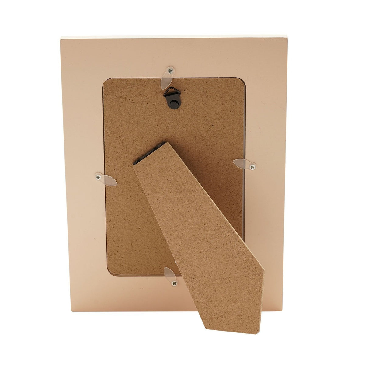 Back view of the Cherries and Hearts Wooden Photo Frame in peach, showing the fold-out stand, hanging hooks, and fibreboard backing on a white background.