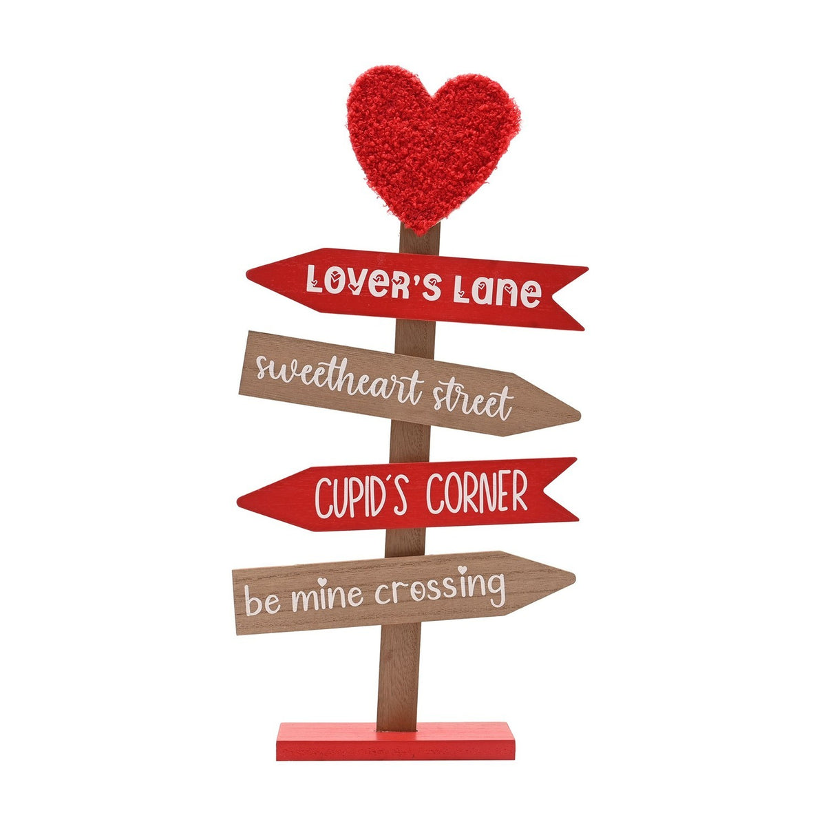 Valentine's MDF signpost with a textured red heart topper and four arrows reading Lover's Lane, Sweetheart Street, Cupid's Corner, and Be Mine Crossing, on a slim post with red base.