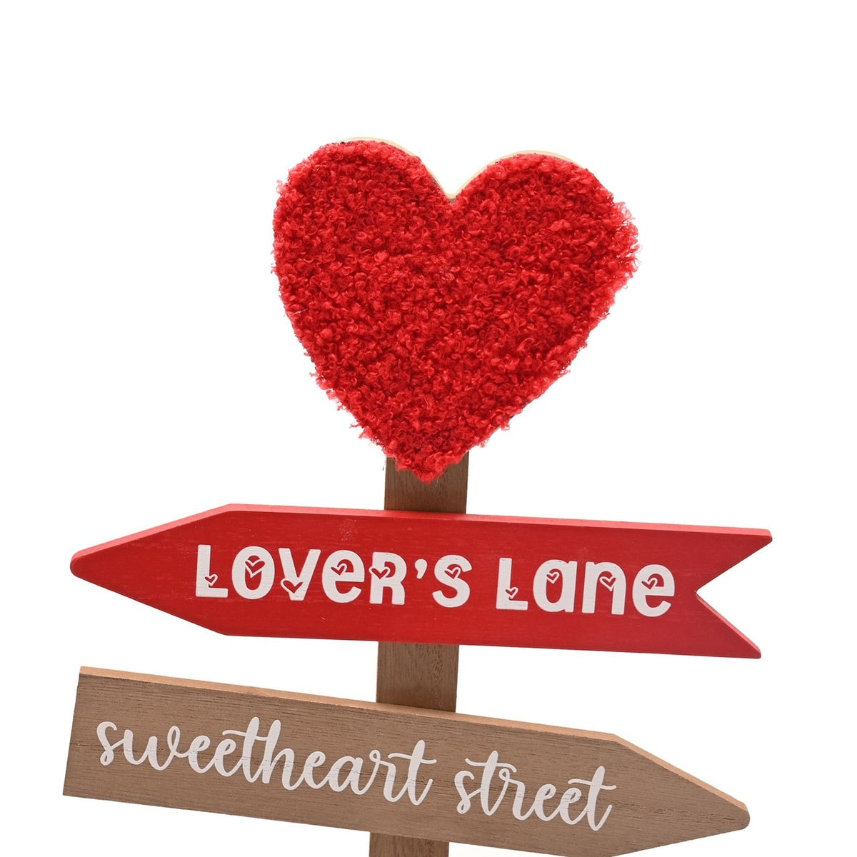 Valentine's Love Heart Signpost MDF wall art with a textured red heart topper and red and natural wood-effect arrows reading "Lover's Lane" and "sweetheart street", on a plain white background.