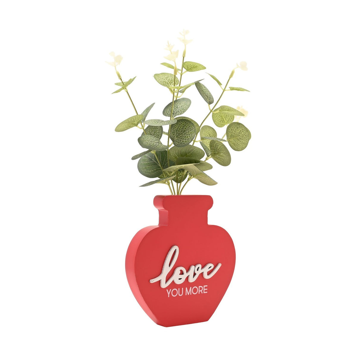 Love You More Heart Plant Pot Matt MDF Plaque - Red & Green