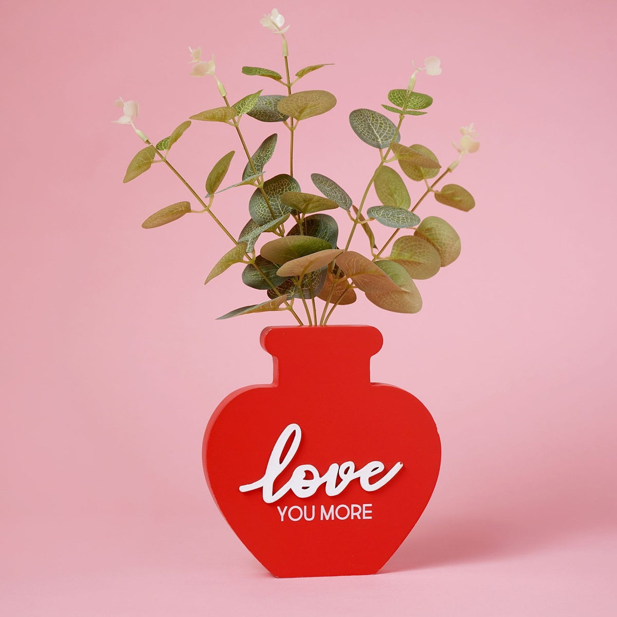 Love You More Heart Plant Pot Matt MDF Plaque - Red & Green