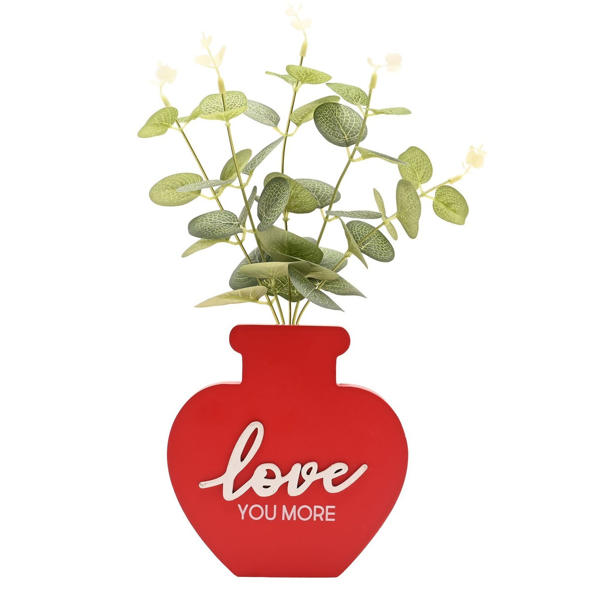 Love You More Heart Plant Pot Matt MDF Plaque - Red & Green