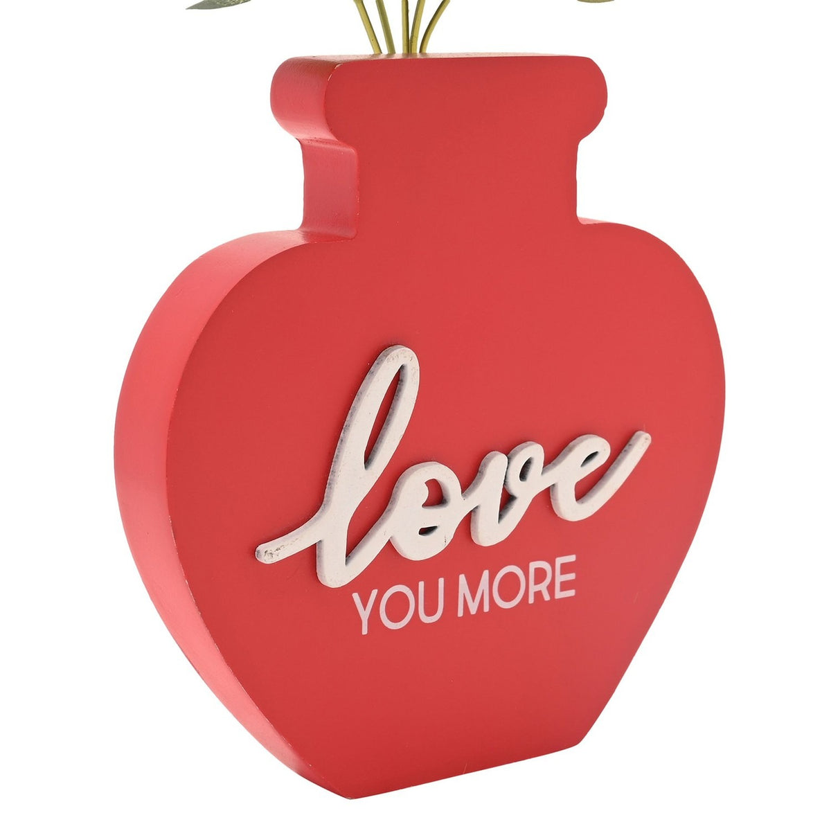Love You More Heart Plant Pot Matt MDF Plaque - Red & Green