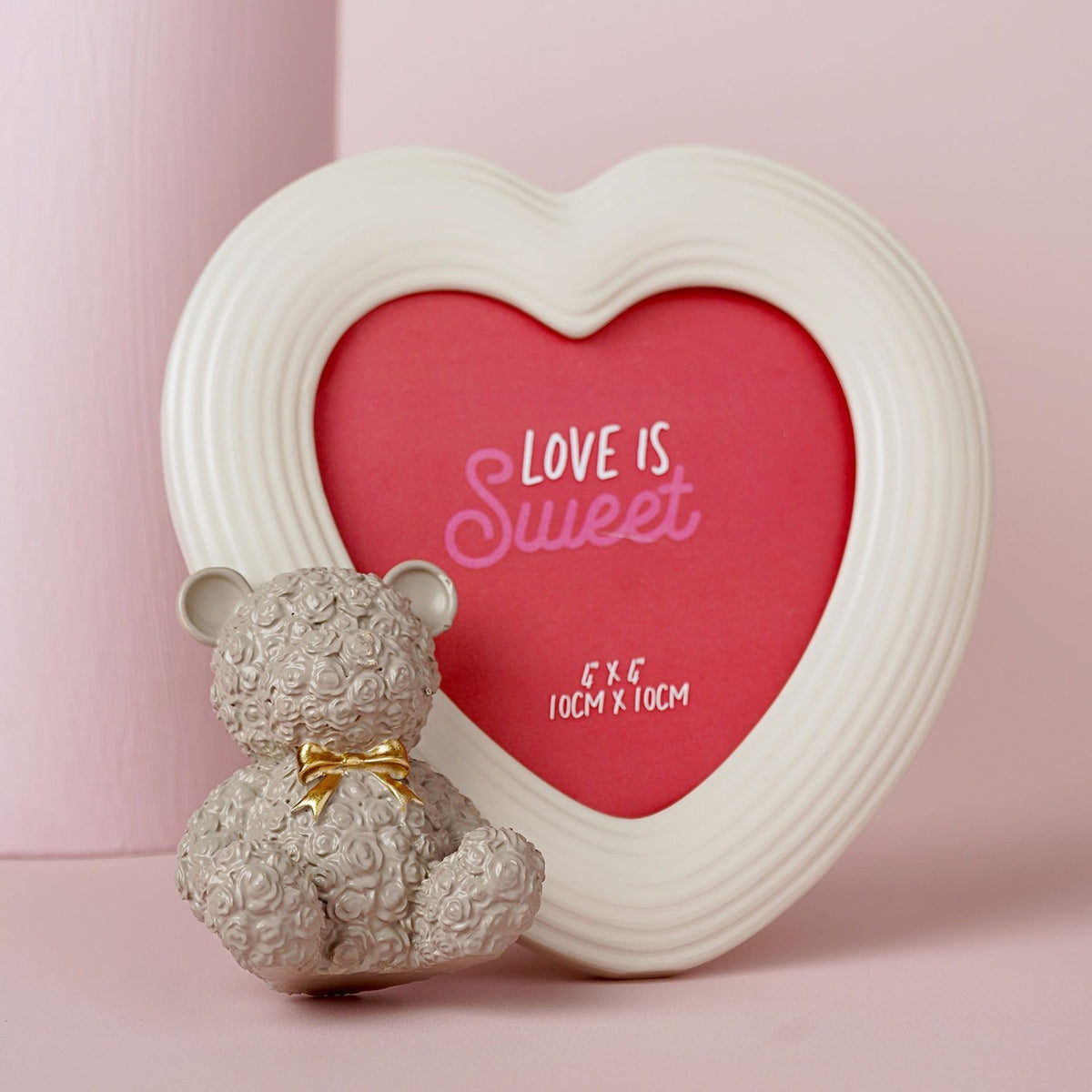Rose Baby Bear White Heart Resin Photo Frame 4 x 4in - Grey