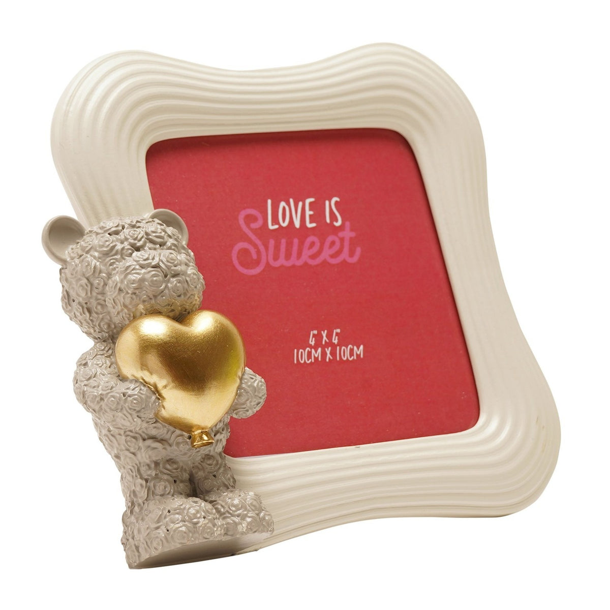 Baby Bear Holding a Heart Resin Photo Frame 4 x 4in - Grey & Red