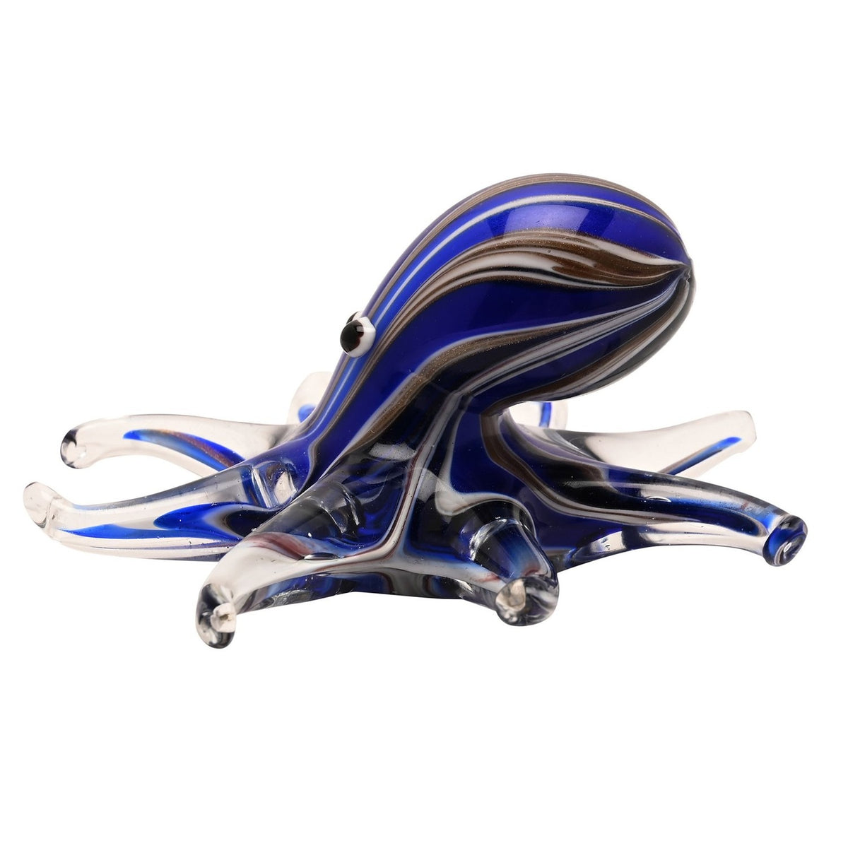 Glass octopus figurine with a deep blue, brown and white swirl-patterned head and spread tentacles fading to clear glass tips, on a plain white background.