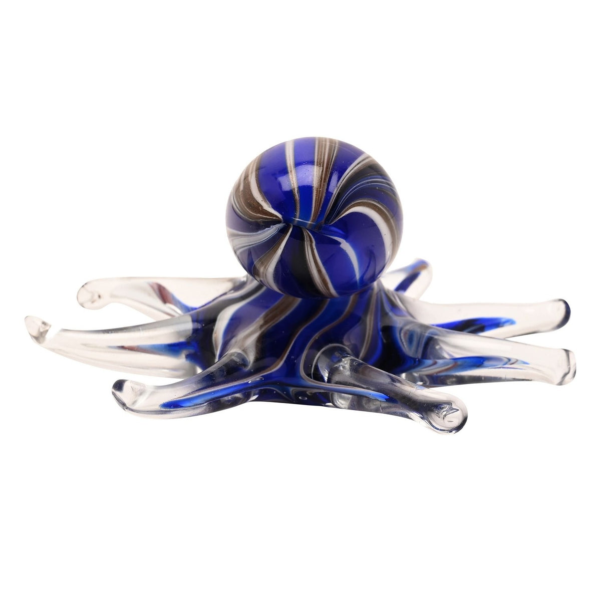 Glass octopus figurine with a deep blue head swirled in brown and white, clear glass tentacles spread outward, shown on a plain white background.