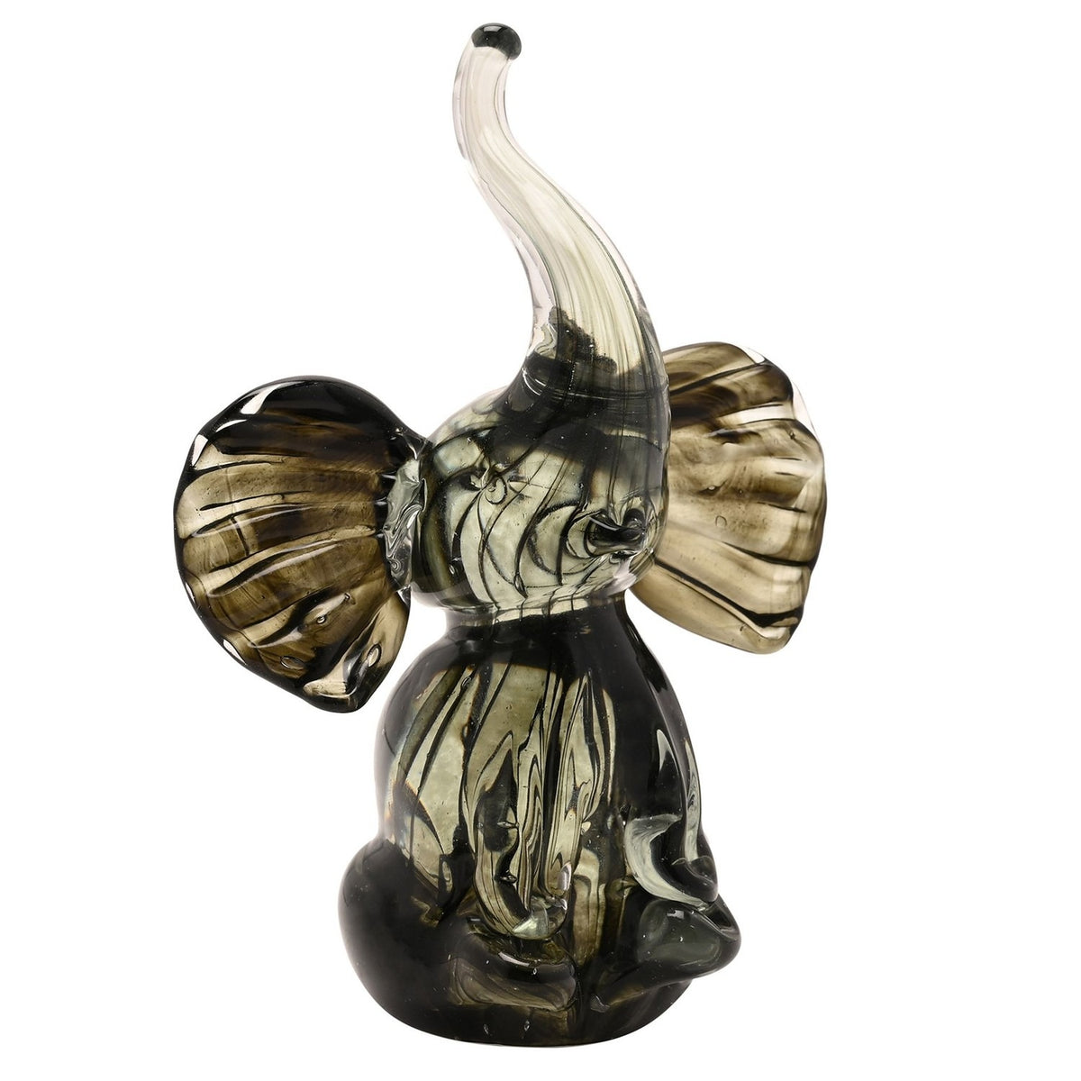 Trumpet Elephant Streaked Glass Figurine in black and grey, seated with trunk raised and wide ribbed ears, dark streaks fading to clear glass, on a plain white background.