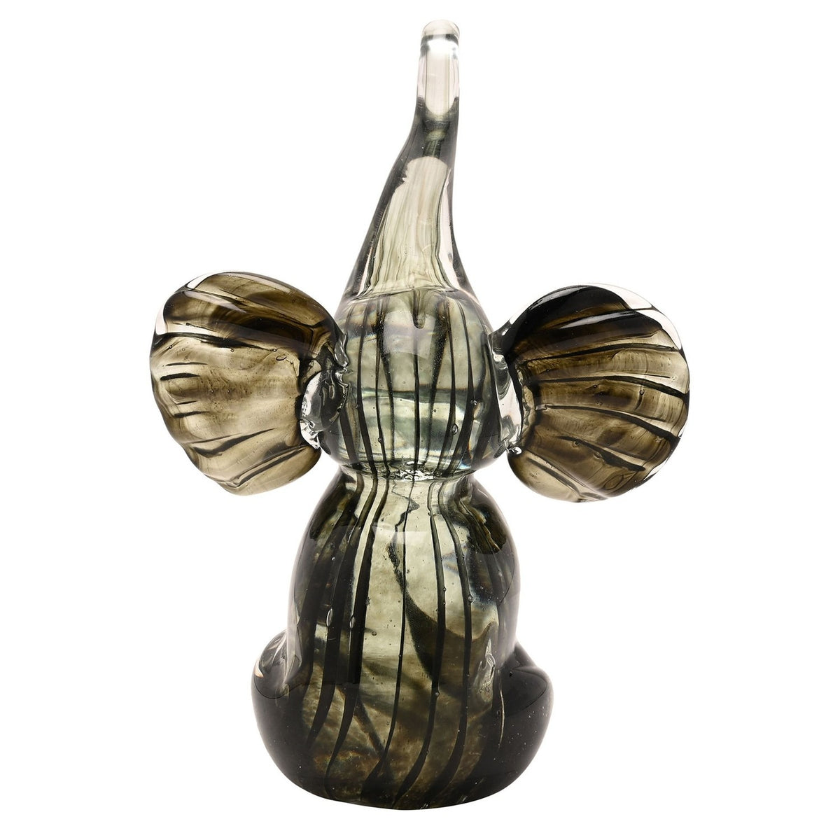 Trumpet Elephant Streaked Glass Figurine in black and grey, seated with trunk raised and wide ribbed ears, dark streaks fading to clear glass, on a plain white background.
