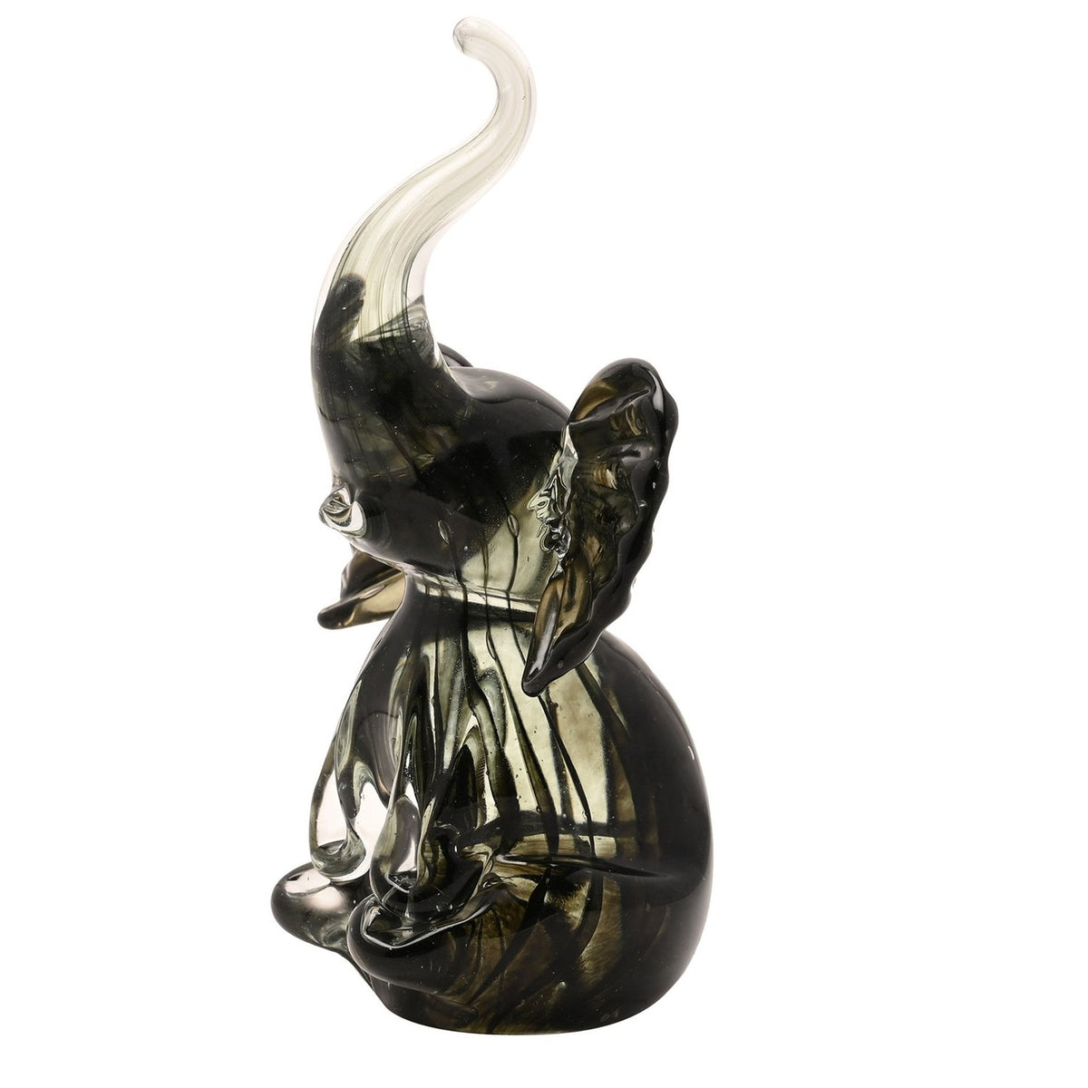 Trumpet Elephant Streaked Glass Figurine in black and grey, sitting upright with trunk raised and clear glass tip, spread ears, on a plain white background.
