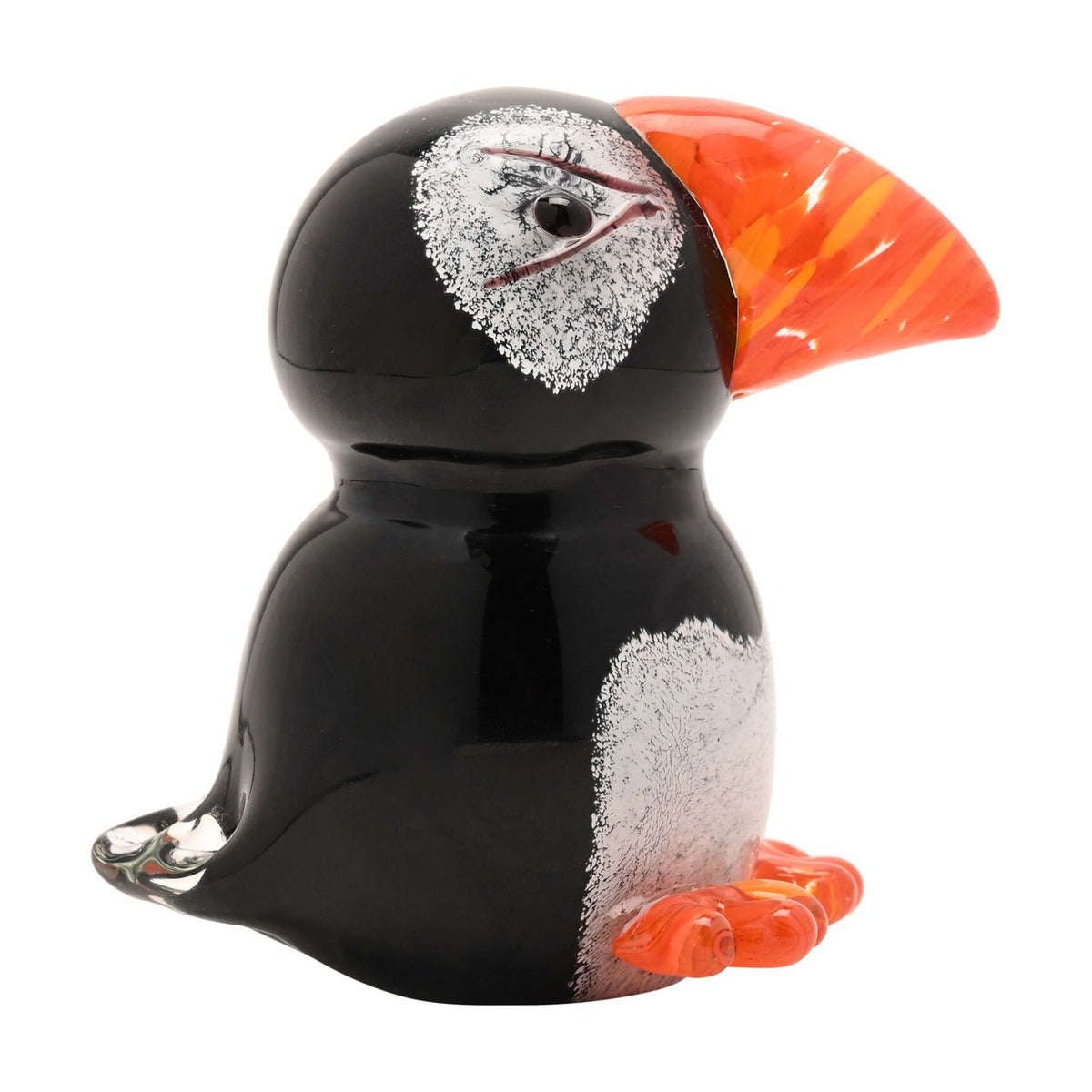 Puffin Glass Figurine with Speckled Face - Black & Orange
