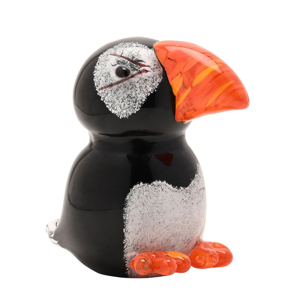 Puffin Glass Figurine with Speckled Face - Black & Orange