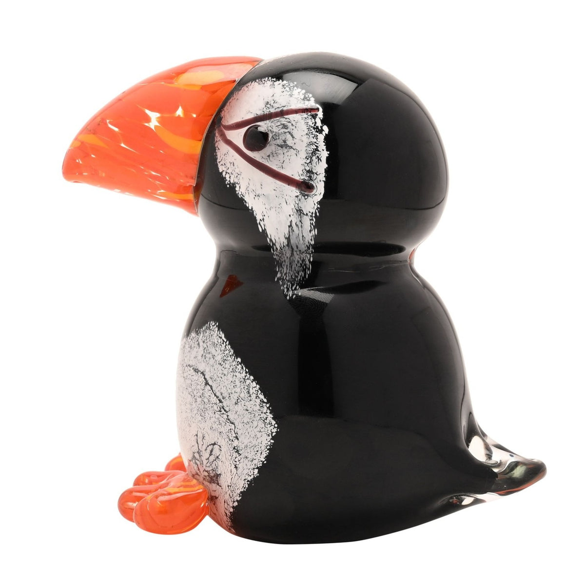Puffin Glass Figurine with Speckled Face - Black & Orange