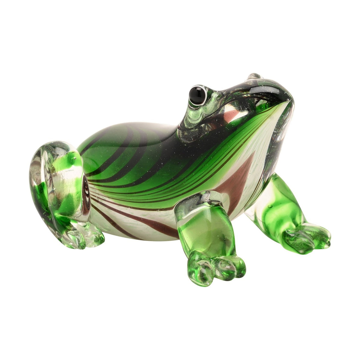 Sitting Striped Frog Glass Figurine with Clear Legs - Green