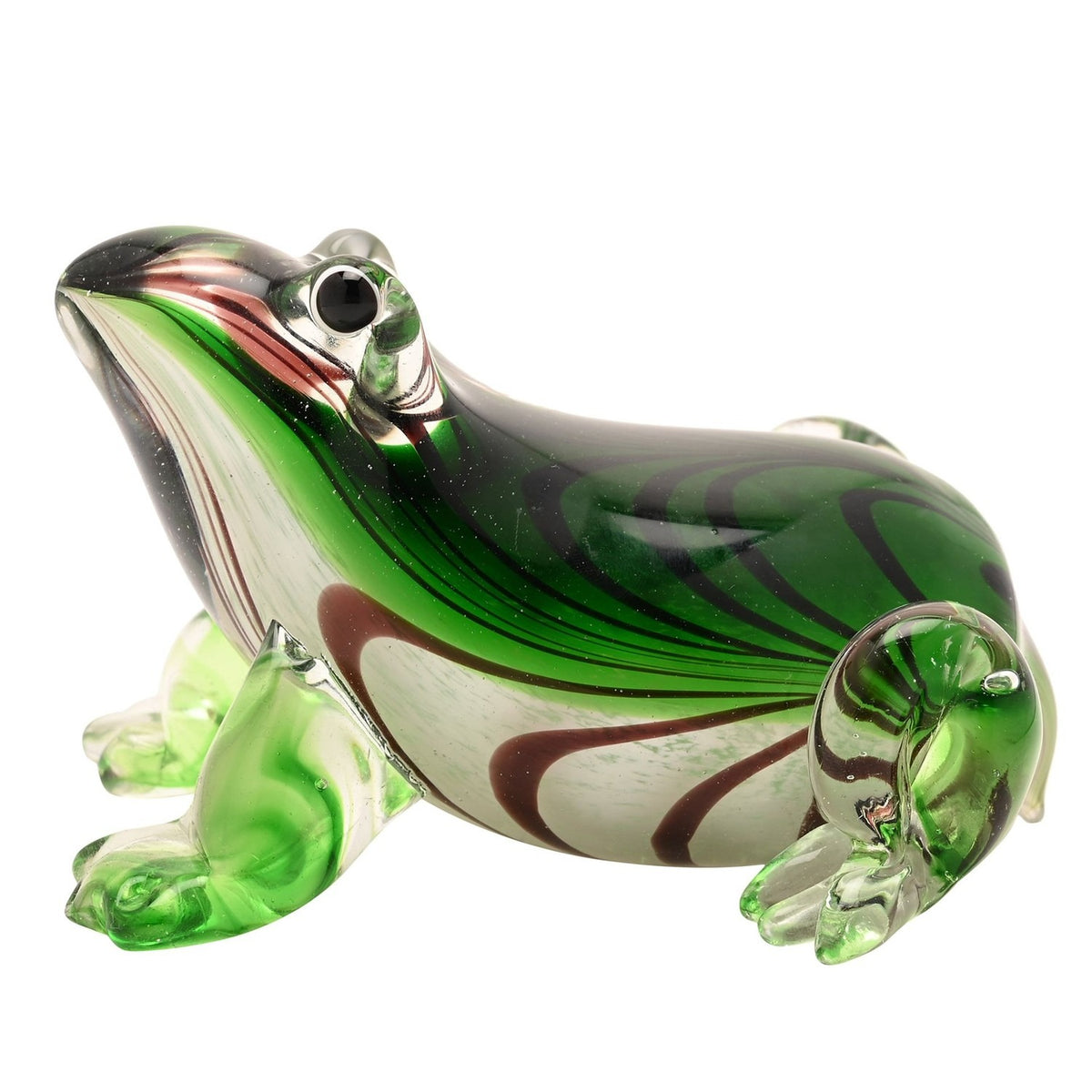 Sitting Striped Frog Glass Figurine with Clear Legs - Green