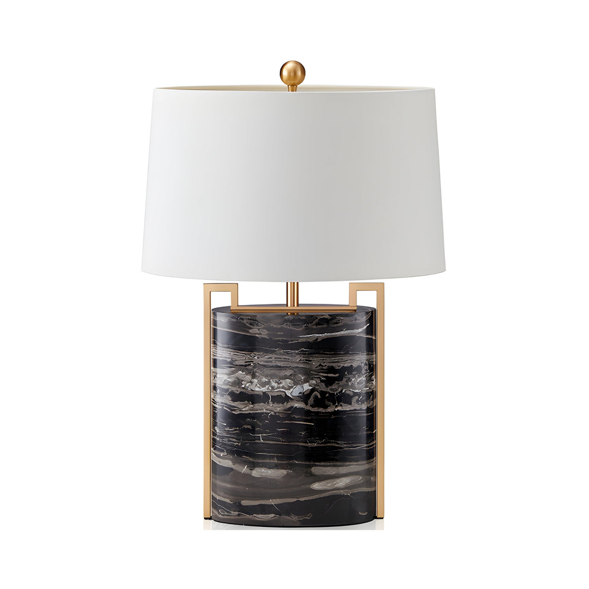 The Obrion 1 Light Framed Marble Table Lamp in brass and black features a cylindrical black marble base with white and brown veining, metal accents, and a large white drum shade—perfect for adding architectural flair to any interior.
