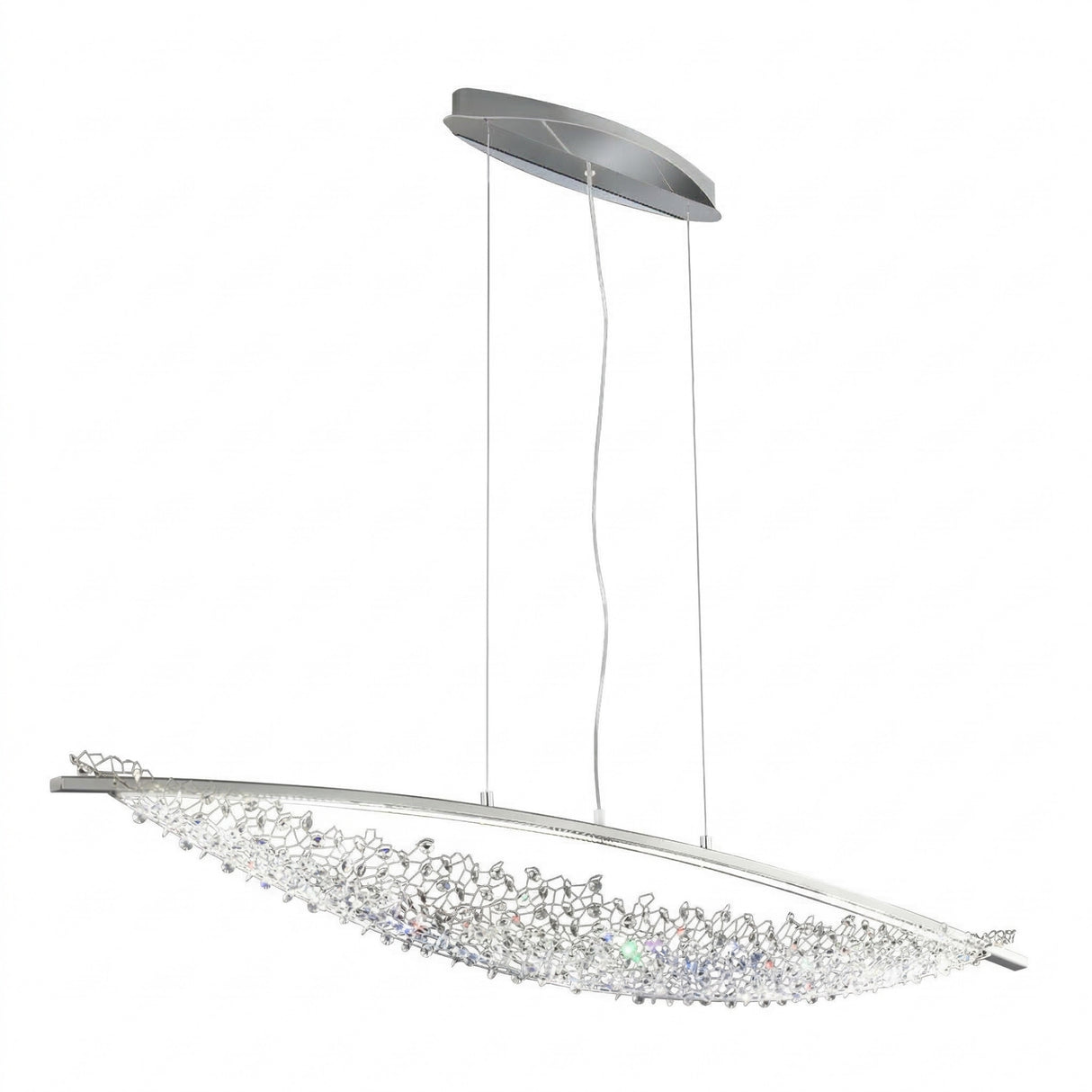 Amara LED K9 Crystal Chandelier in chrome from Niori, a leaf-shaped linear pendant with clustered crystals on twin cables and an oval canopy.