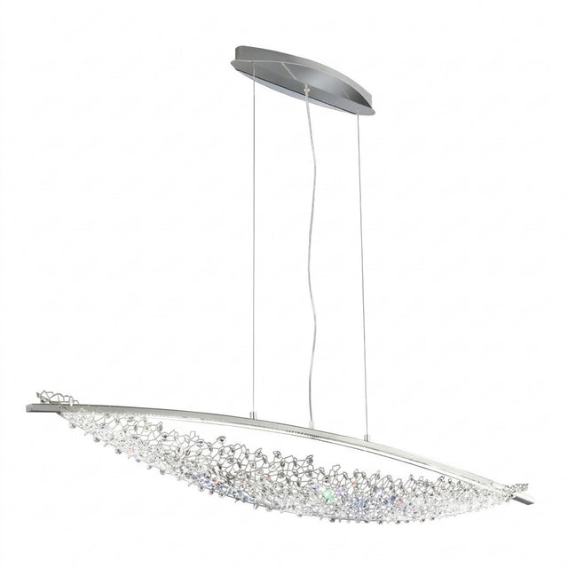 Amara LED K9 Crystal Chandelier in chrome from Niori, a leaf-shaped linear pendant with clustered crystals on twin cables and an oval canopy.