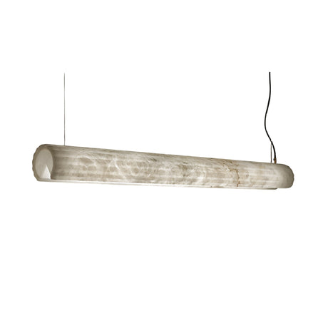 The Zenvia LED Alabaster Suspension Light – Soft White features a long, translucent alabaster cylinder hung by two thin cords and a visible black wire, offering marble-like texture ideal for contemporary interiors.