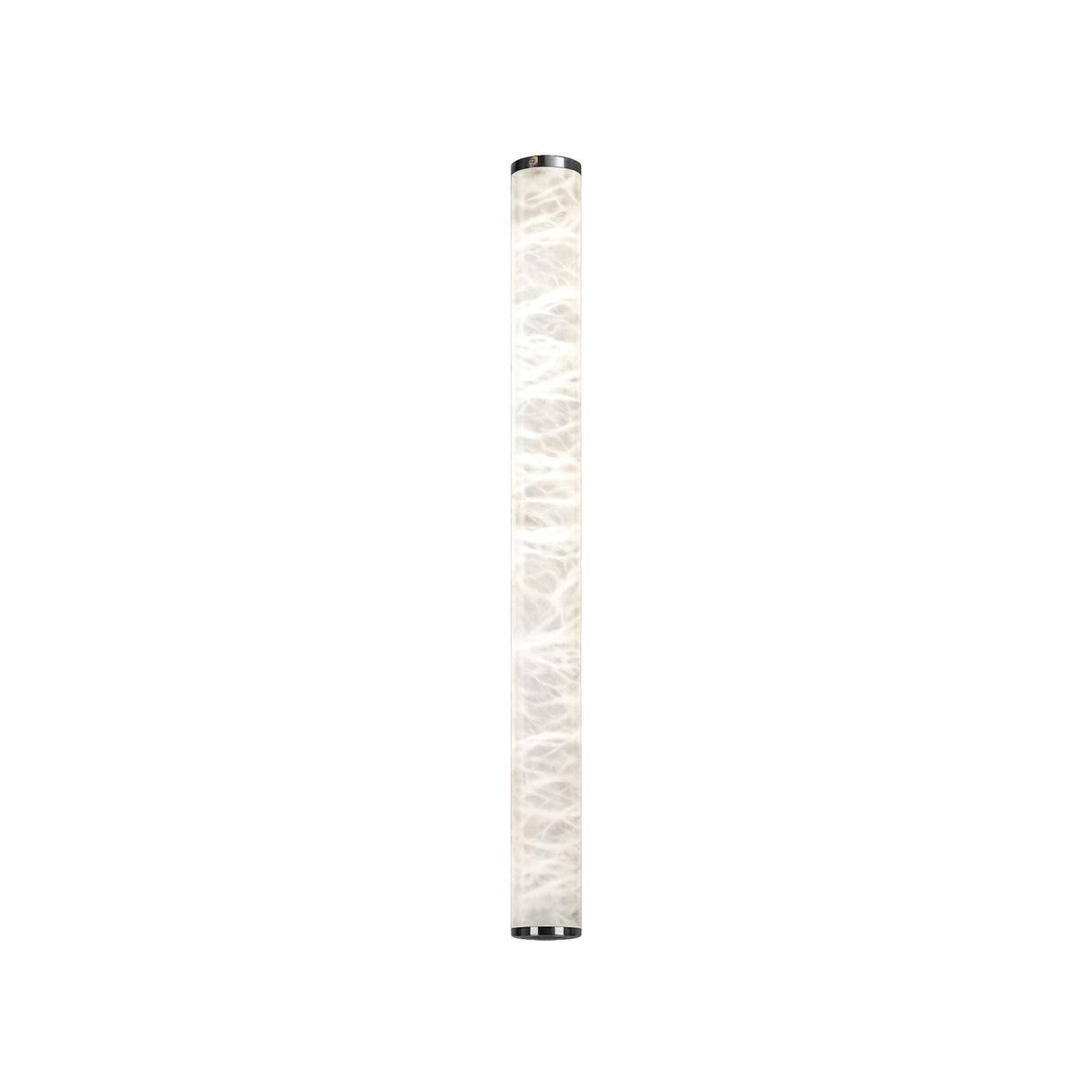 The Corvane LED Medium Slim Cylindrical Alabaster Wall Light features a frosted white textured glass shade and metallic end caps, inspired by Spanish alabaster designs, shown against a plain white background.