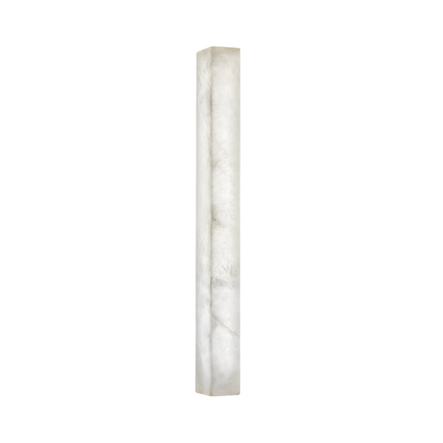 The Valmera LED Medium Slim Vertical Alabaster Wall Light in soft white features a tall, slender rectangular design with a smooth, marble-like surface and subtle grey veining that emits a gentle, diffused glow.