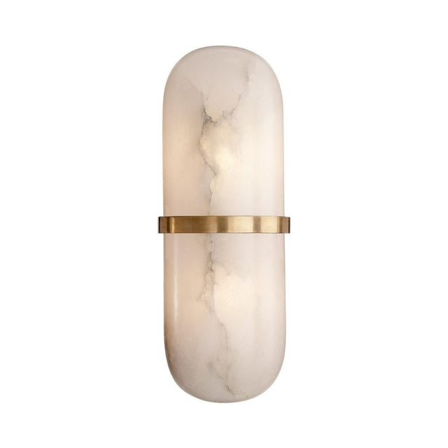 The Orvani LED Cylinder Alabaster Wall Light features a modern oval-shaped frosted white glass shade with subtle gray veining and a central brass band, combining soft white elegance with brass accents for contemporary style.