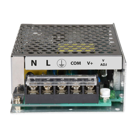 Mercury 13.8V 3.6A 50W switch mode PSU by AVSL with perforated metal casing, labelled screw terminals for N, L, earth, COM, V+ and V ADJ connections.