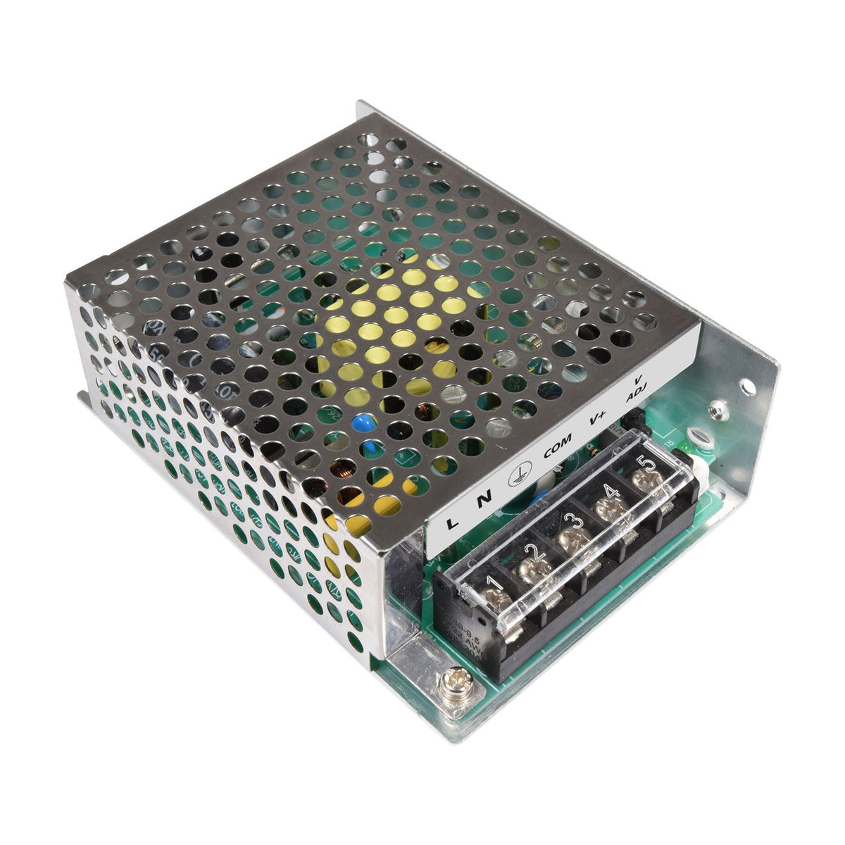 Mercury 13.8V 5.4A 74W switch mode power supply with perforated steel casing and screw terminal block labelled L, N, COM, V+, ADJ, on a white background.