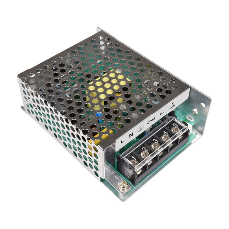 Mercury 13.8V 5.4A 74W switch mode power supply with perforated steel casing and screw terminal block labelled L, N, COM, V+, ADJ, on a white background.