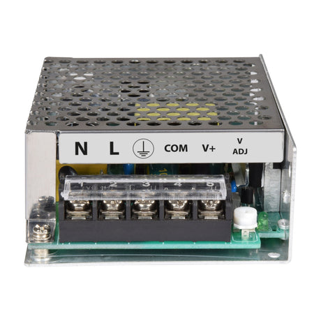 Mercury 13.8V 5.4A 74W switch mode PSU in perforated steel casing, showing screw terminal block labelled N, L, earth, COM, V+, V ADJ on a white background.