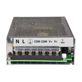 Mercury 13.8V 15A switch mode PSU with perforated metal casing and terminal block labelled N, L, earth, COM, V+ and V ADJ, shown on a white background.