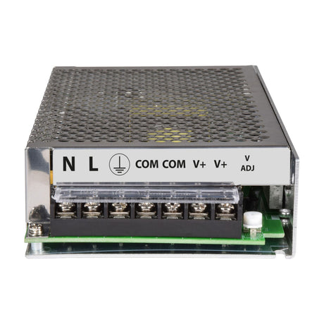Mercury 13.8V 15A switch mode PSU with perforated metal casing and terminal block labelled N, L, earth, COM, V+ and V ADJ, shown on a white background.