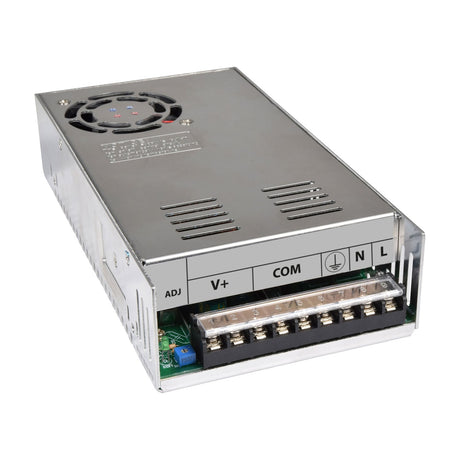 Mercury 13.8V 25A 345W switch mode power supply by AVSL in a vented metal casing with cooling fan and labelled screw terminal block.