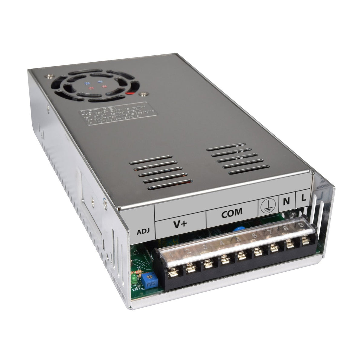 AVSL Mercury 13.8V 30A switch mode power supply in a vented metal casing with top fan, front screw terminals labelled ADJ, V+, COM, earth, N and L.