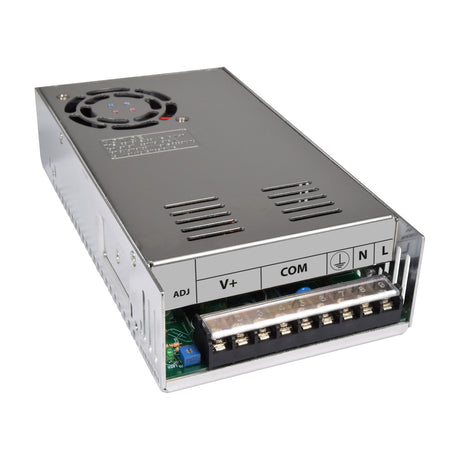 AVSL Mercury 13.8V 30A switch mode power supply in a vented metal casing with top fan, front screw terminals labelled ADJ, V+, COM, earth, N and L.