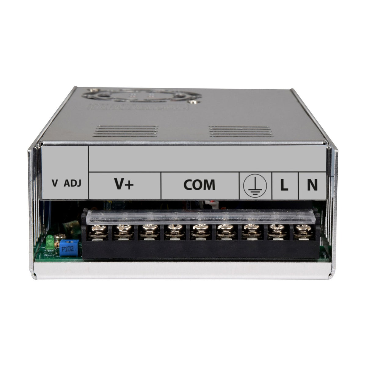 AVSL Mercury 13.8V 30A switch mode PSU shown front-on with V ADJ, V+, COM, earth, L and N screw terminals on a brushed metal casing.