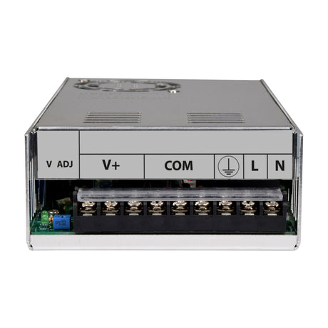 AVSL Mercury 13.8V 30A switch mode PSU shown front-on with V ADJ, V+, COM, earth, L and N screw terminals on a brushed metal casing.