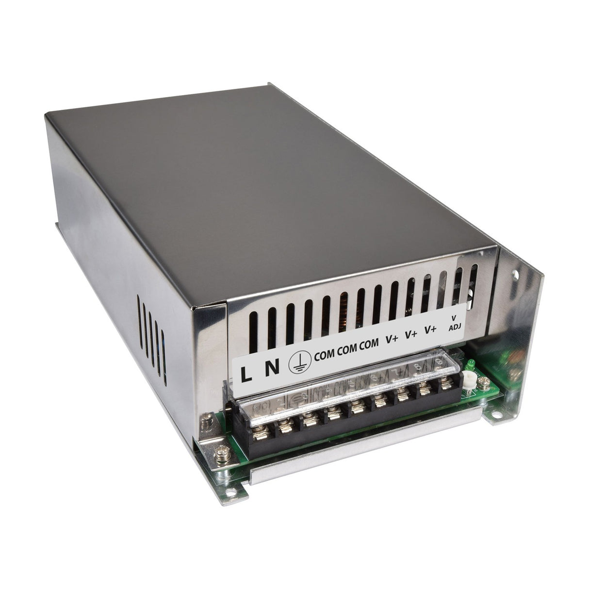 Mercury 600W switch mode PSU with ventilated metal enclosure, three-channel screw terminal block labelled L, N, COM, V+ and V ADJ, on white background.