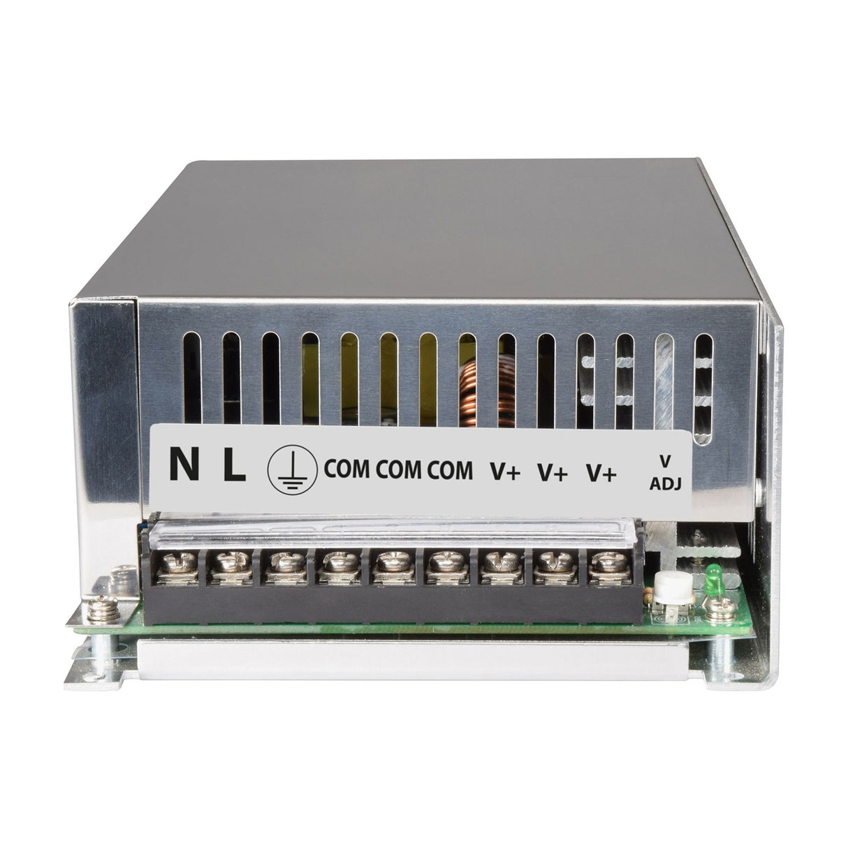Front terminal view of the Mercury 13.8V 43.5A 600W switch mode PSU by AVSL, showing N, L, earth, three COM, three V+ and V ADJ screw terminals.