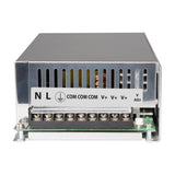 Front terminal view of the Mercury 13.8V 43.5A 600W switch mode PSU by AVSL, showing N, L, earth, three COM, three V+ and V ADJ screw terminals.