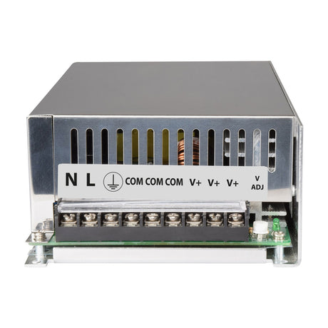 Front terminal view of the Mercury 13.8V 43.5A 600W switch mode PSU by AVSL, showing N, L, earth, three COM, three V+ and V ADJ screw terminals.