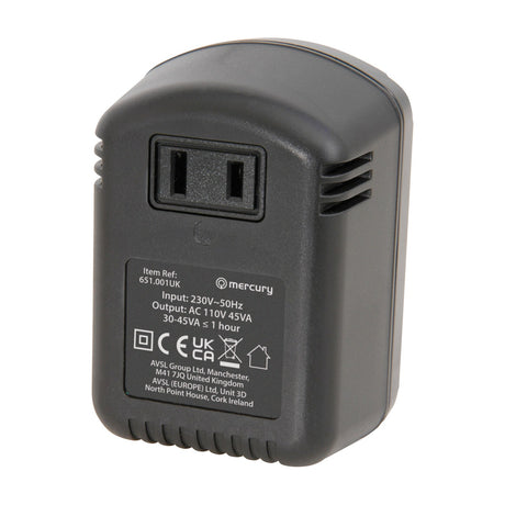 Mercury 230V to 110V step down voltage converter in black plastic casing with US two-pin output socket, side vents, and specification label.