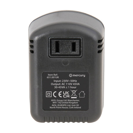 Mercury 230V to 110V step down voltage converter with US two-pin output socket, side ventilation slots and front specification label on a white background.