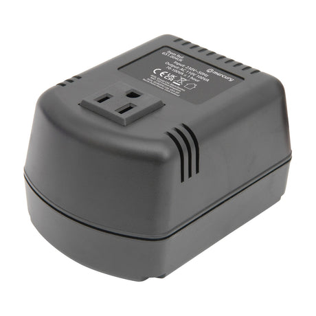 Mercury 230V to 110V step-down voltage converter in black with a US 2-pin output socket on top and side vents, shown on a white background.