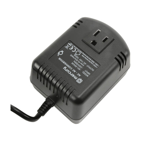 Mercury 230V to 110V step-down voltage converter in black casing with side vents, US 2-pin output socket on top and attached mains cable.