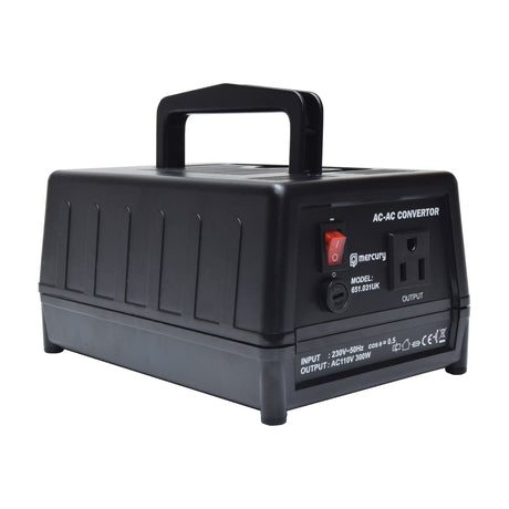 Mercury SDVC-300 step down voltage converter in black vented ABS casing with carry handle, red rocker switch, fuse holder and US output socket.