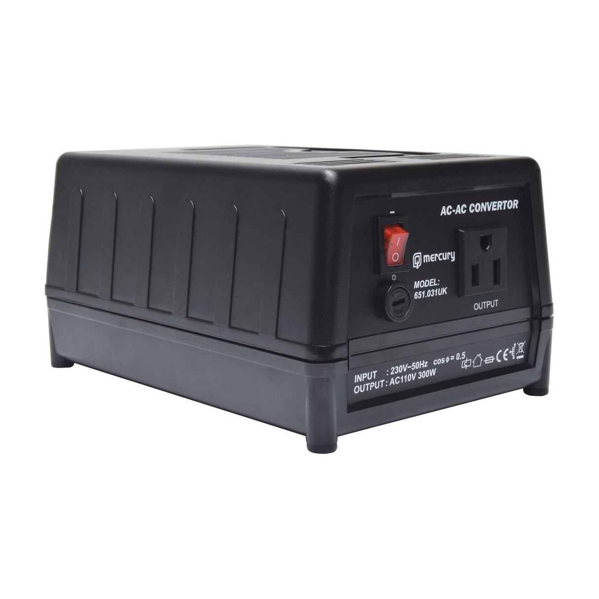Mercury SDVC-300 step down converter in black vented casing with red rocker switch, fuse holder and US output socket on a white background.