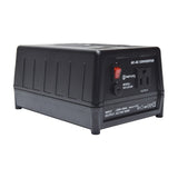 Mercury SDVC-300 step down converter in black vented casing with red rocker switch, fuse holder and US output socket on a white background.